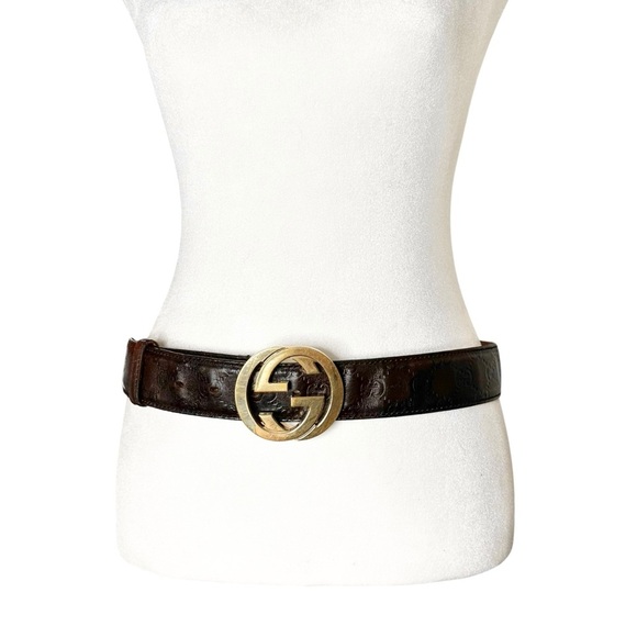 Authentic GUCCI Brown & Gold GG Embossed Monogram Leather Belt Size 85/34 - Picture 11 of 15